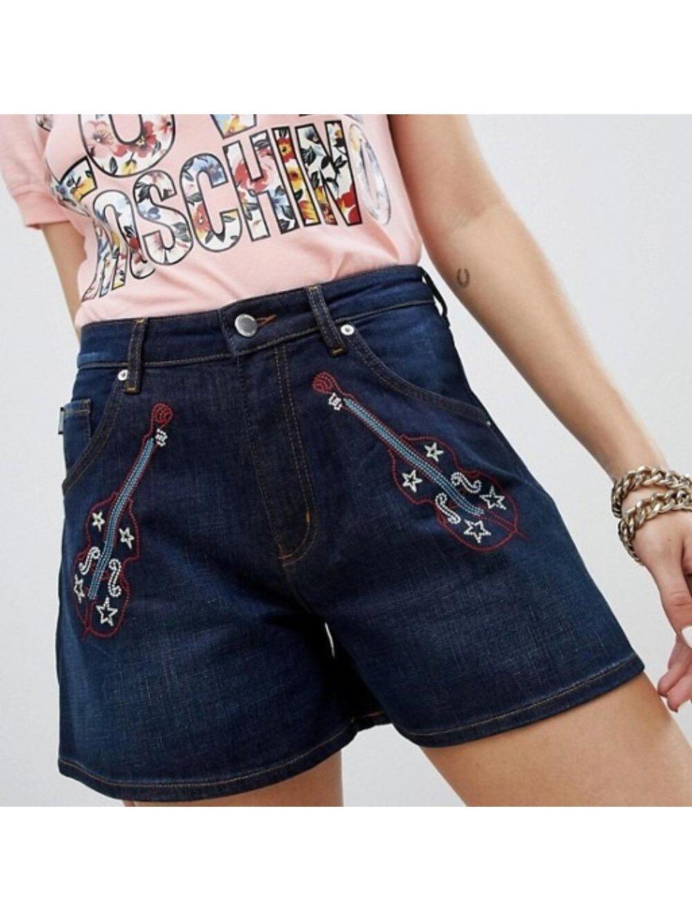 Love Moschino Guitar Embroidered Denim Shorts
